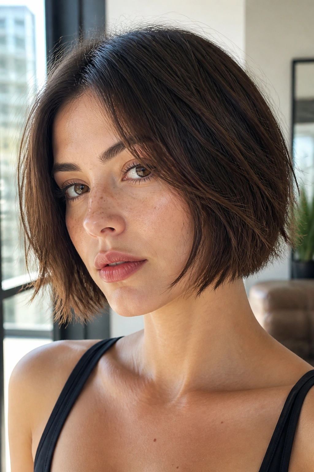 Close-up of a real woman with a razor-cut bob and feathered ends in natural light.