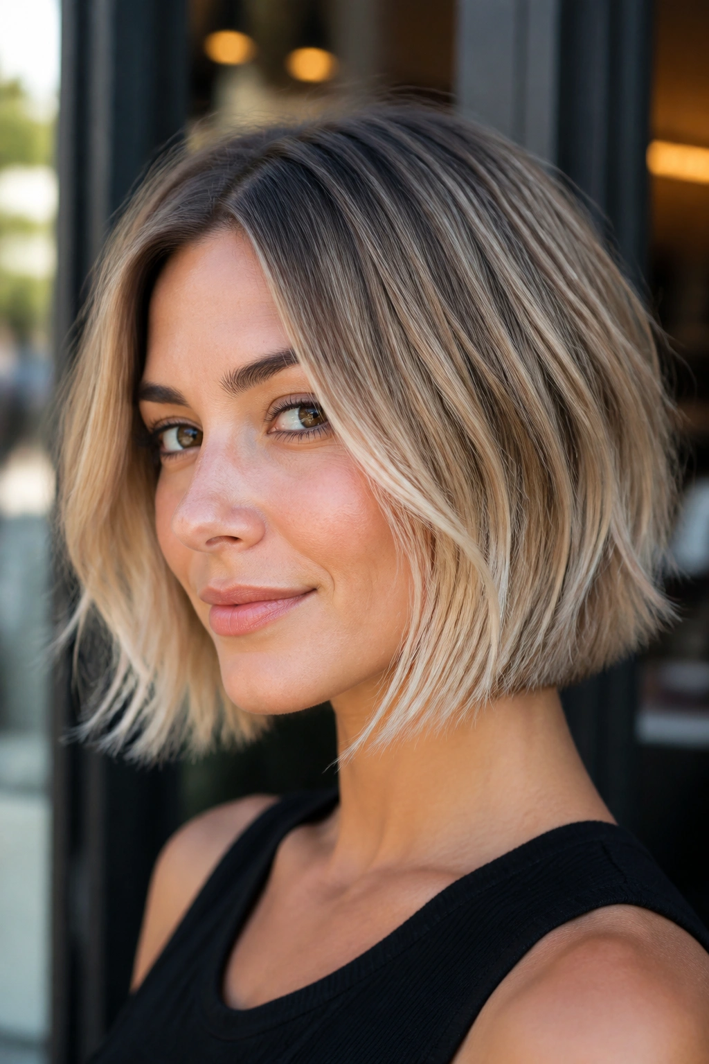 Close-up of real woman with razor-cut bob and feathered ends