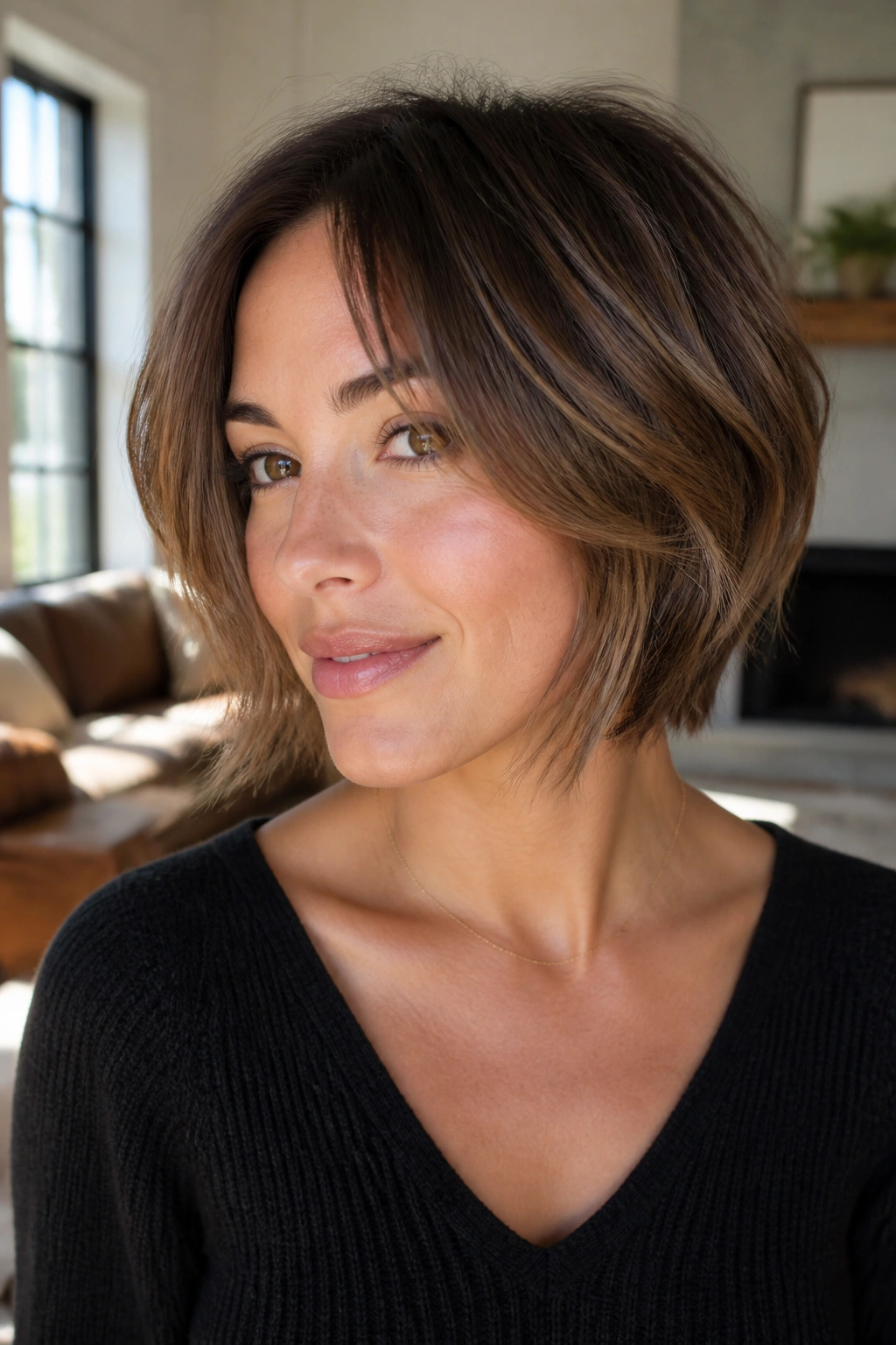 Real woman with razor-cut bob and feathered ends in daylight