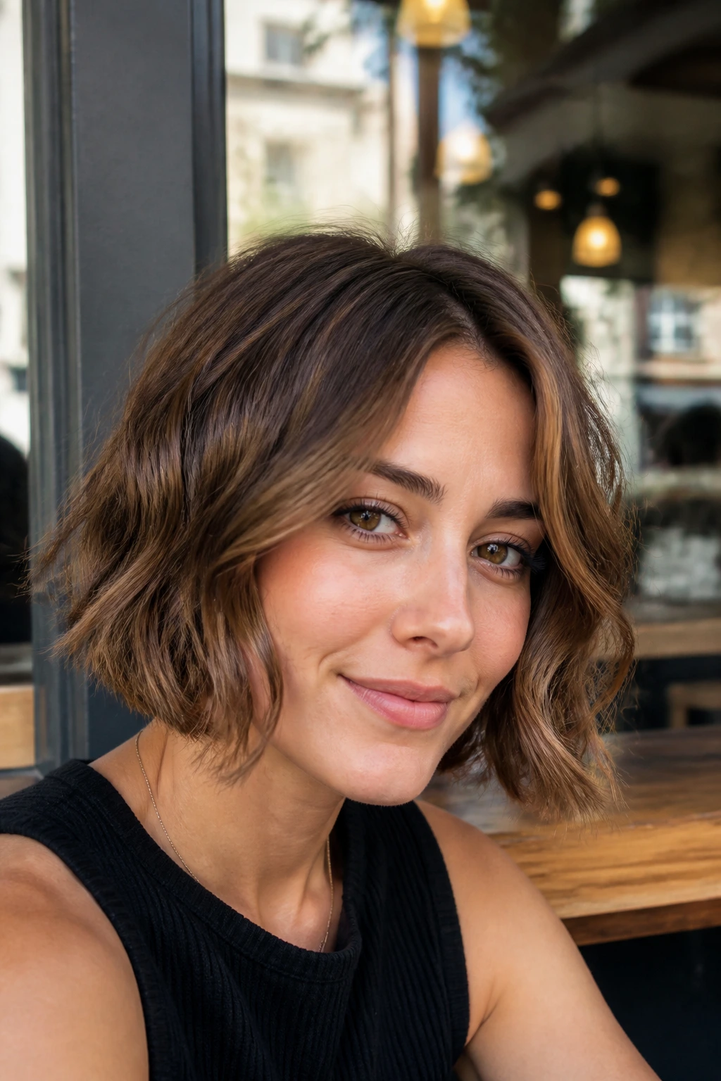 Close-up portrait of a real woman with a razor-cut bob and loose S-waves starting mid-length