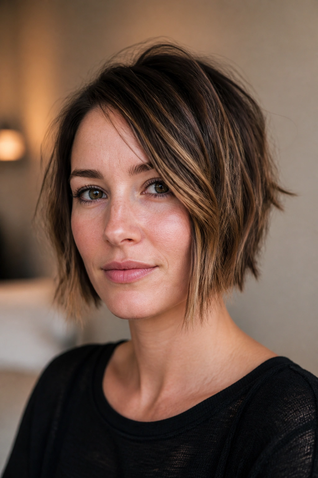 Close-up of a real woman with a razor-cut bob and piecey ends