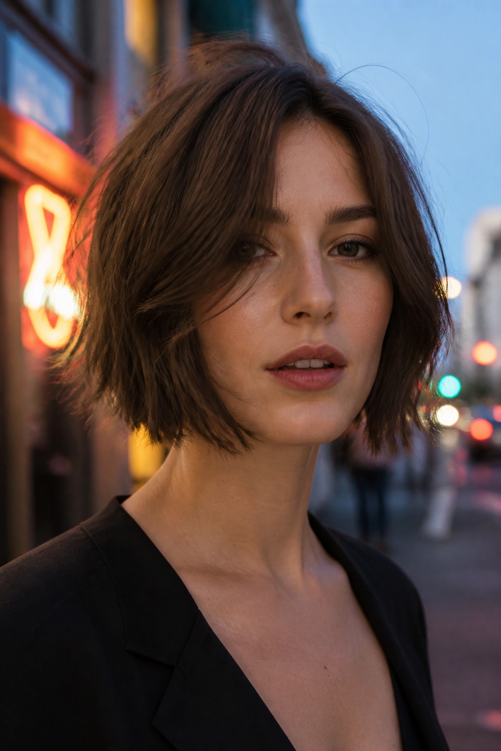 Close-up of a real woman with a razor-cut bob and piecey ends in dusk urban lighting.