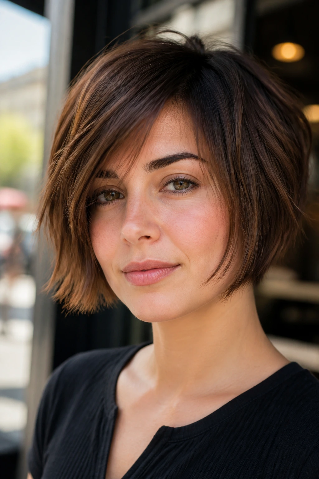 Portrait of real woman with razor-cut bob and shattered ends in daylight