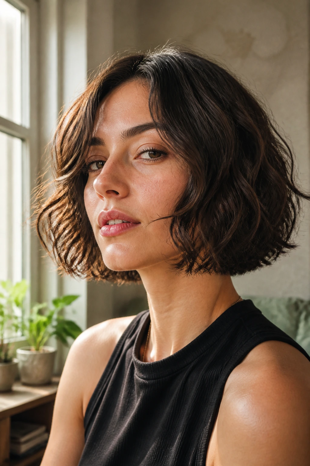 Close-up portrait of a real woman with a jaw-length razor-cut bob and wispy ends in warm window light