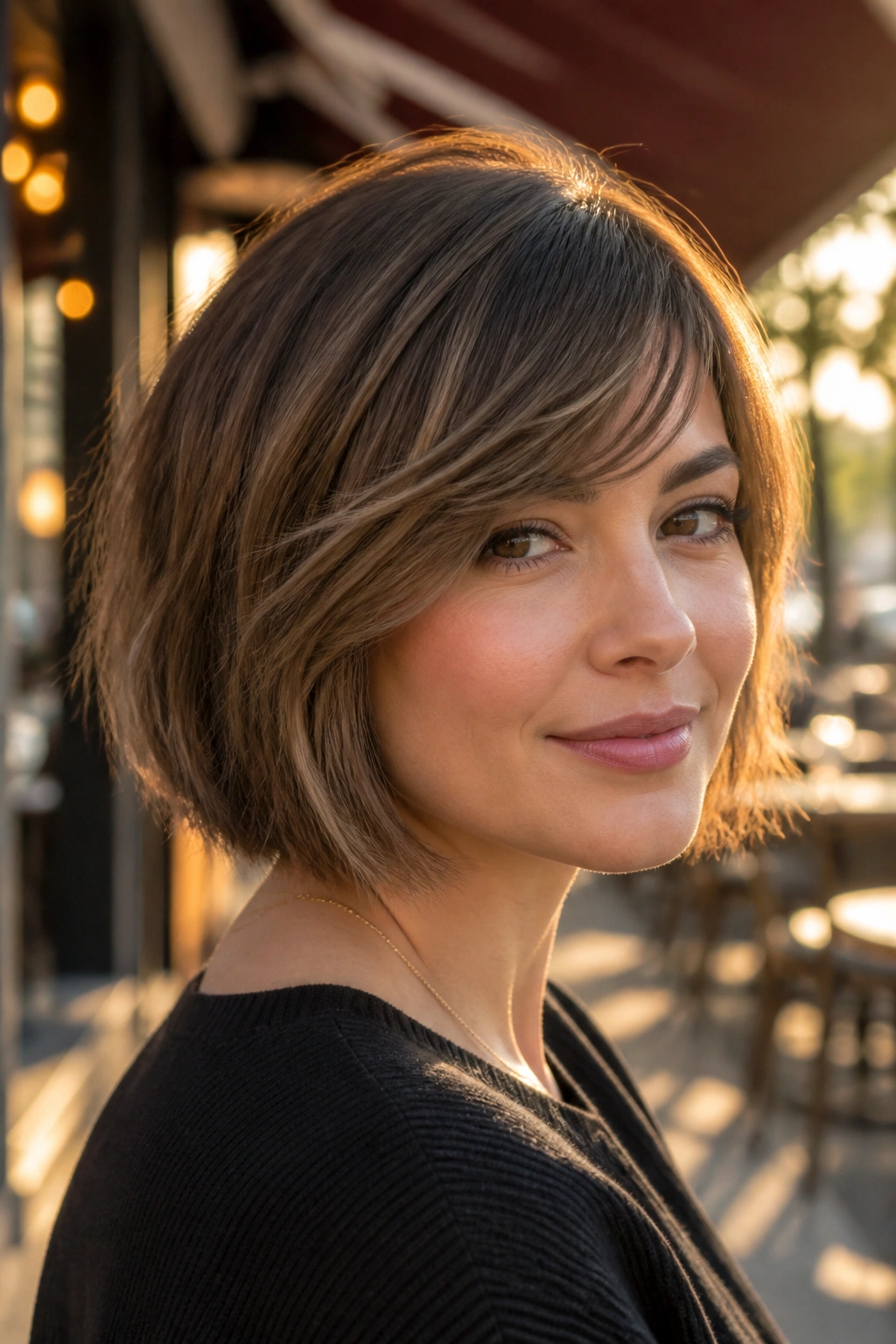 Close-up of woman with razor-cut bob and side bangs in golden hour light