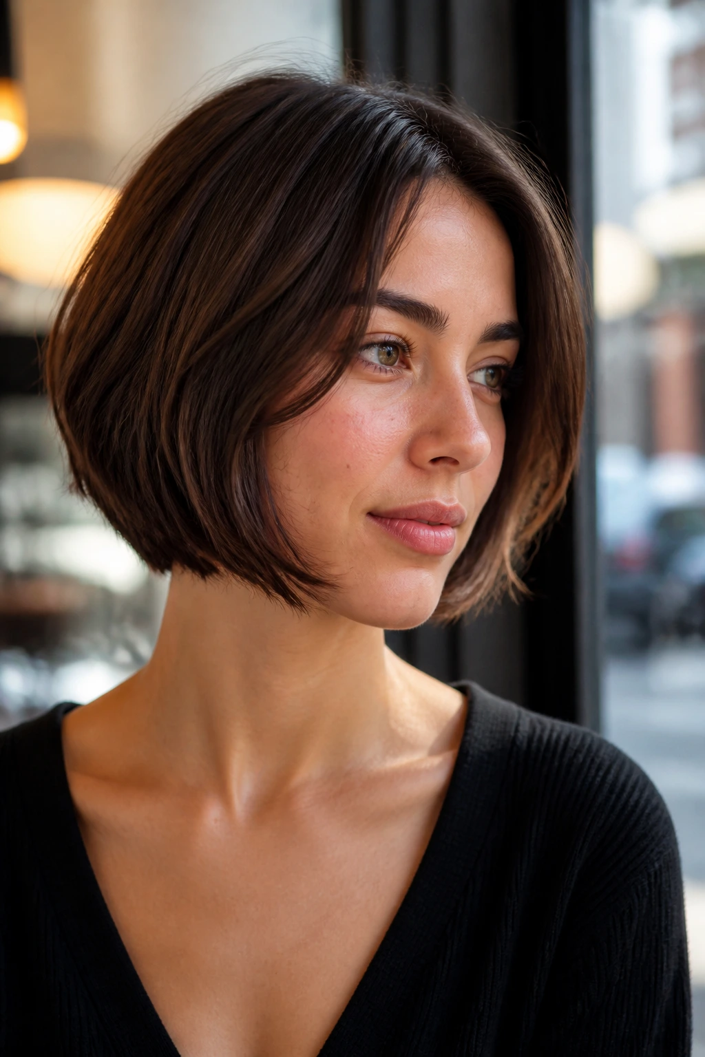 Close-up portrait of a real woman with a razor-cut bob and soft ends.