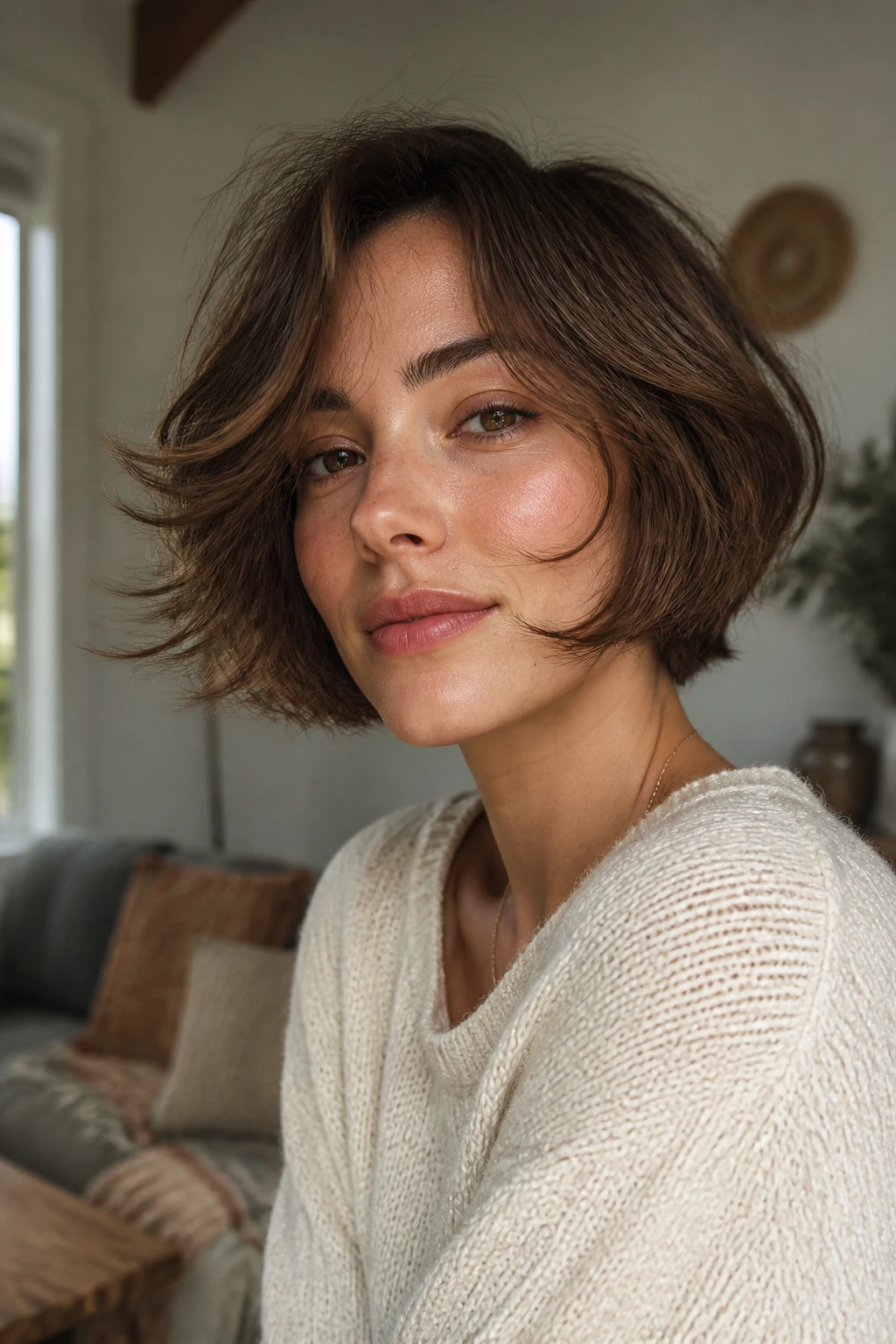 Close-up of a woman with a razor-cut bob and swoopy ends in natural window light