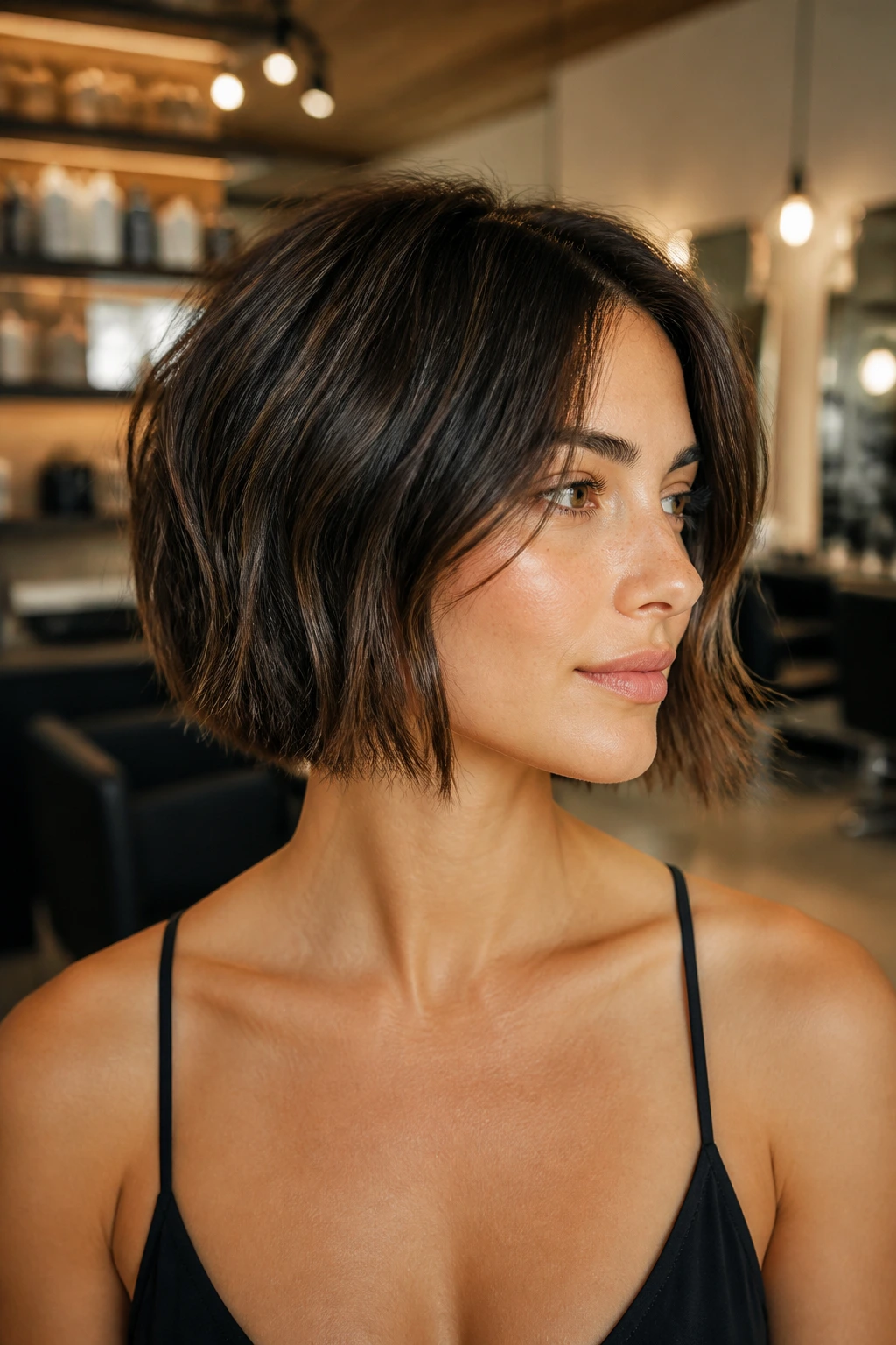Portrait of a woman with razor-cut bob giving light texture