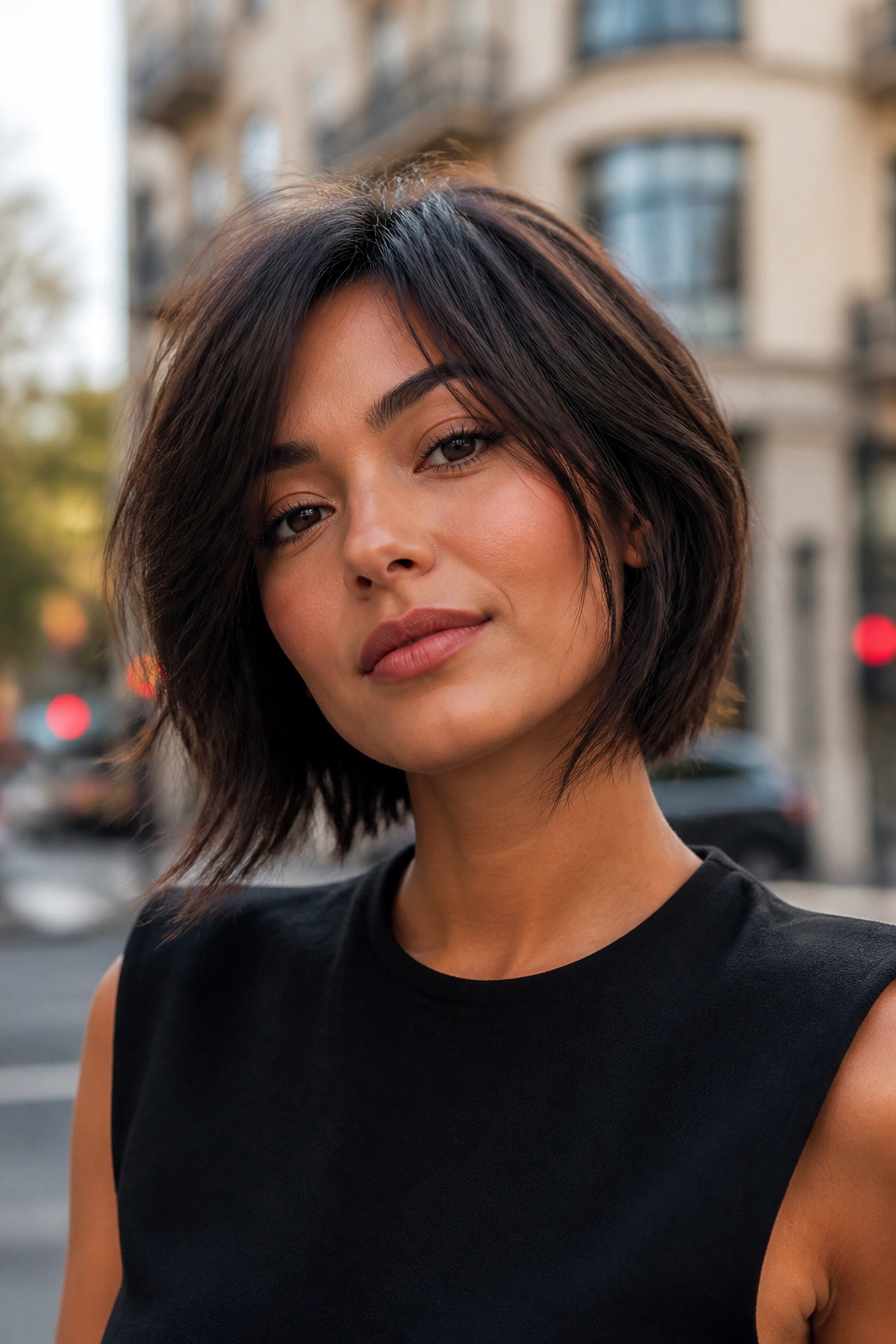 Close-up of a real woman with a razor-cut bob and textured ends in daylight