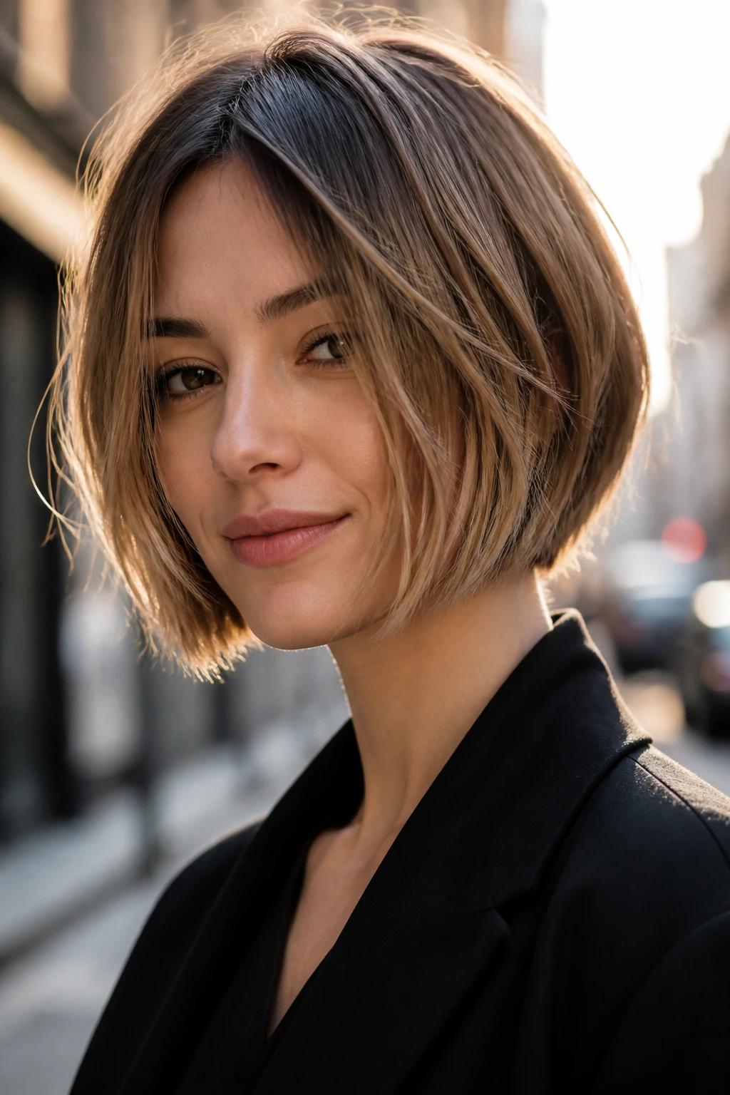 Portrait of a woman with a razor-cut bob showing soft textured ends