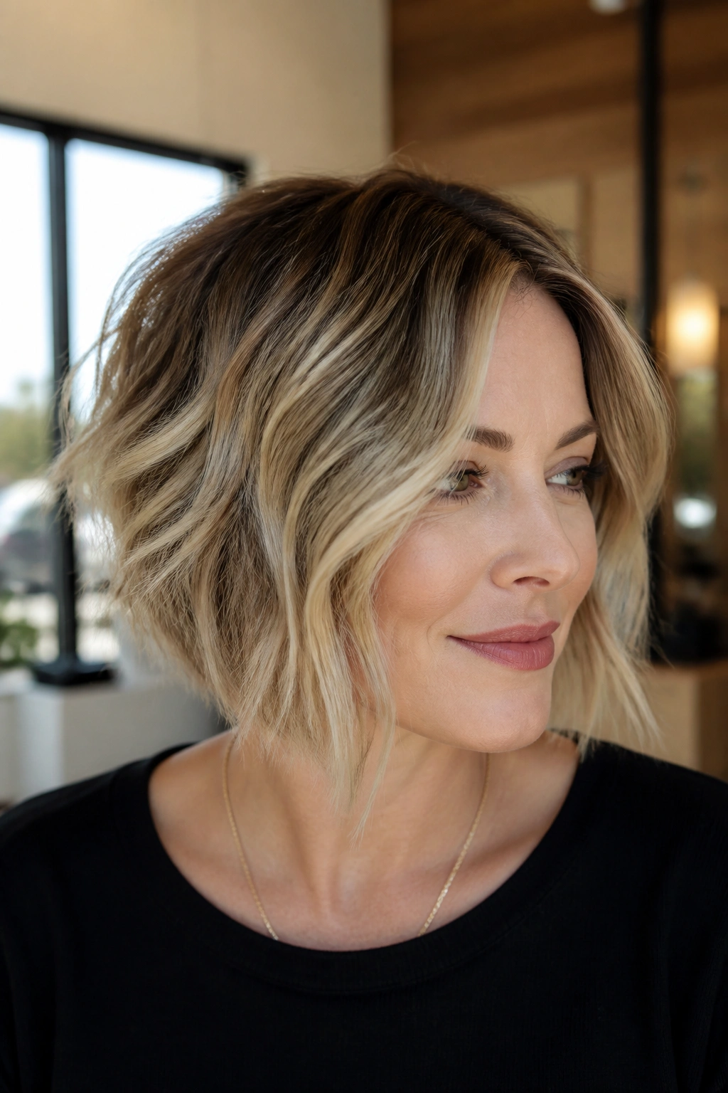 Close-up portrait of a real woman with razor-touched textured bob for fine hair in a warm salon.