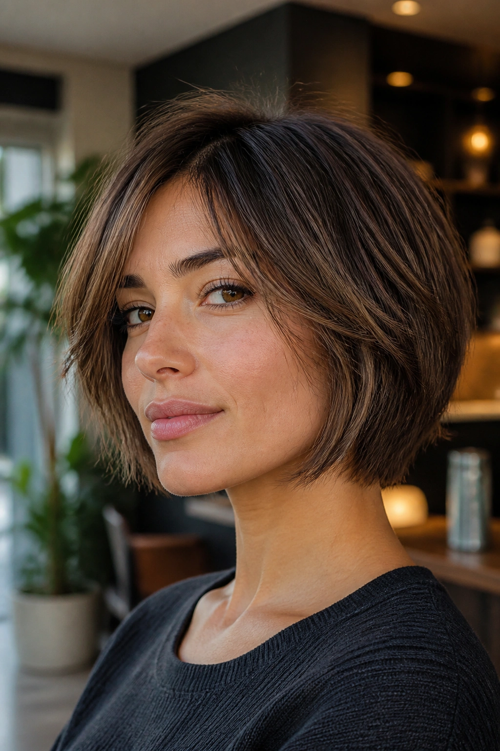 Real person with razor-cut bob; close-up portrait with textured ends in a warm indoor setting