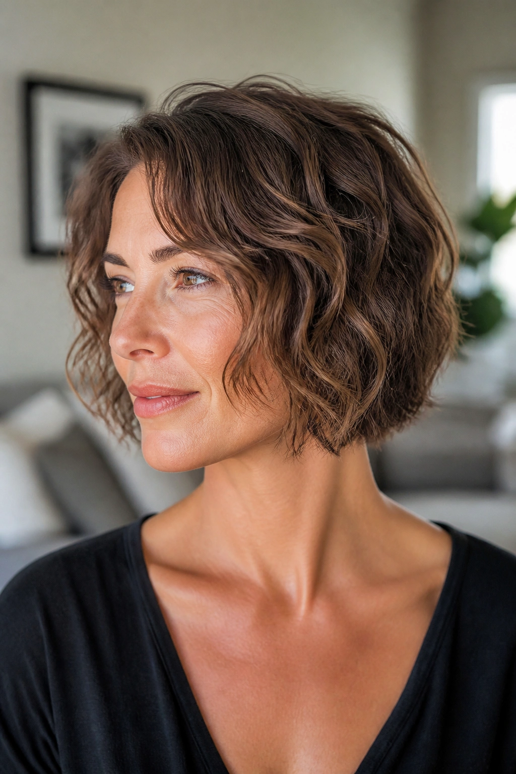 Real woman with razor-cut bob for wavy hair showing airy movement and feathered ends.