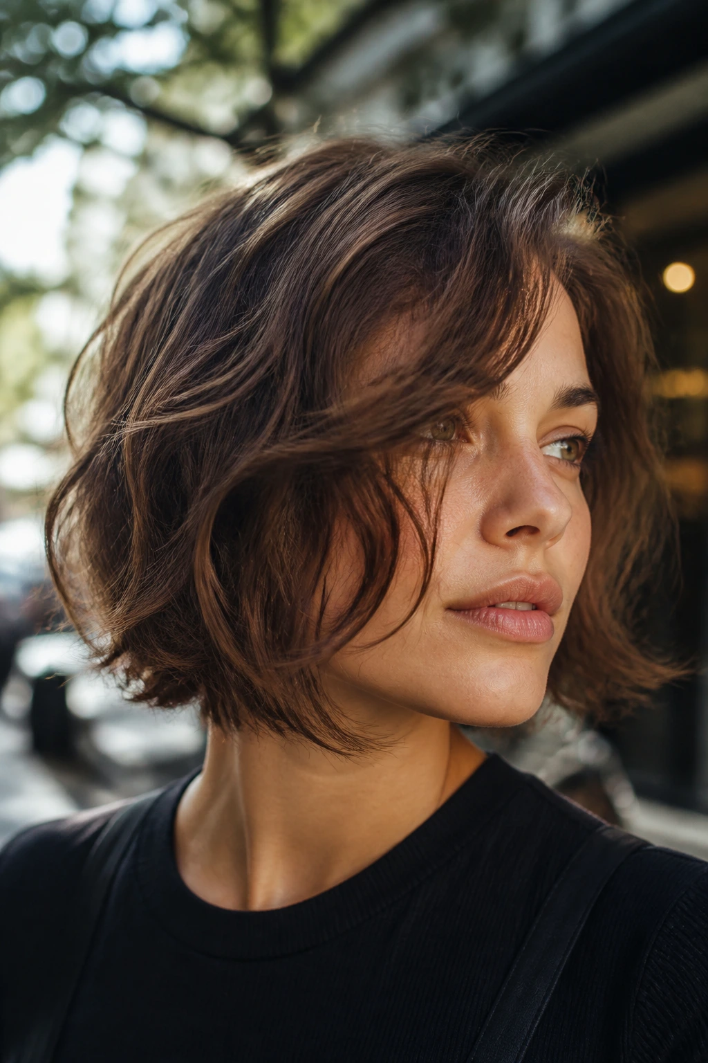 Portrait of woman with razor-cut bob and wispy edges in urban sunlight.