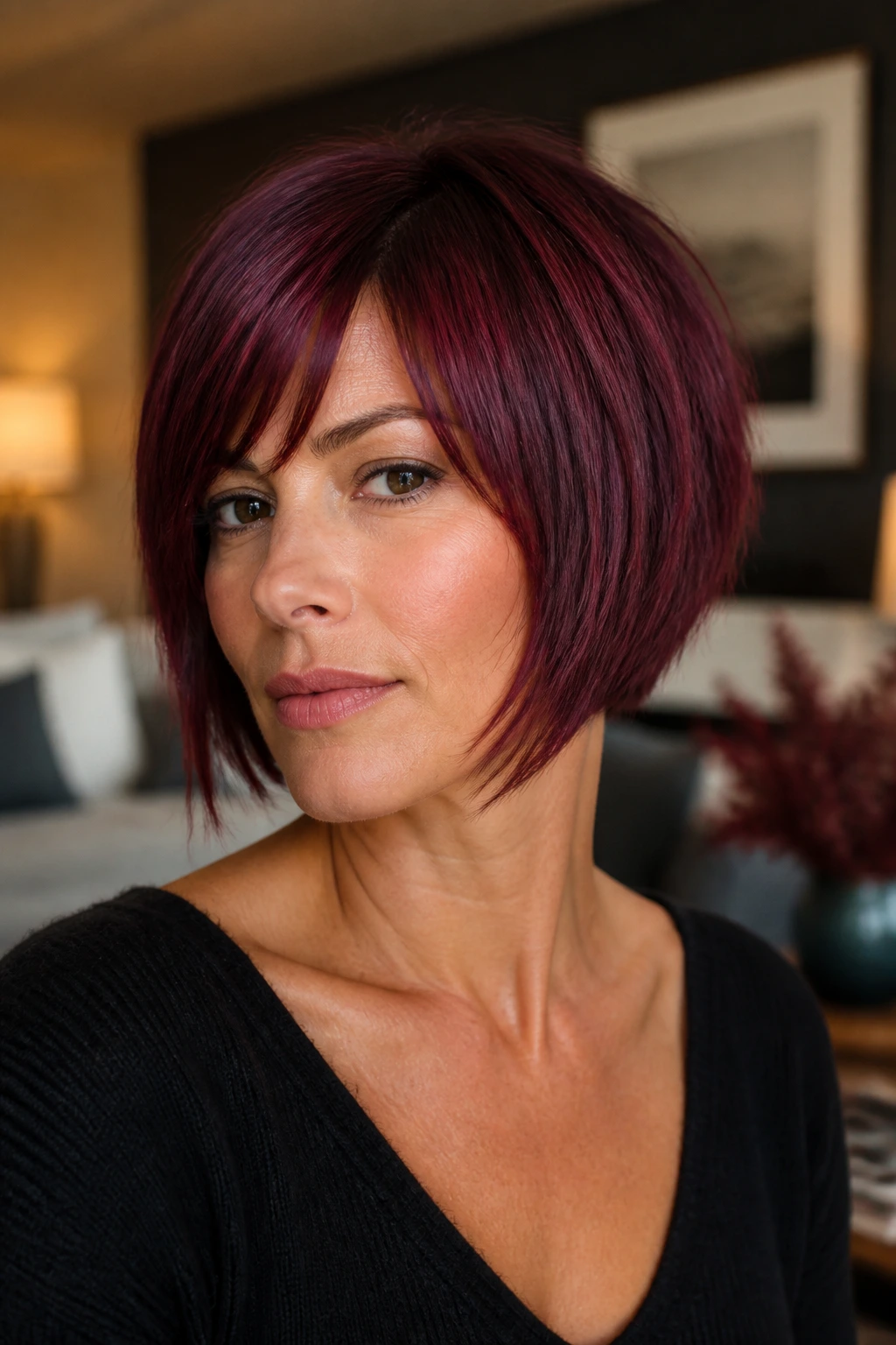 Close-up of woman with razor-cut burgundy bob showing texture