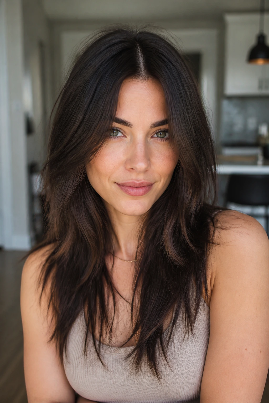 Portrait of a woman with razor-cut center-part layers.