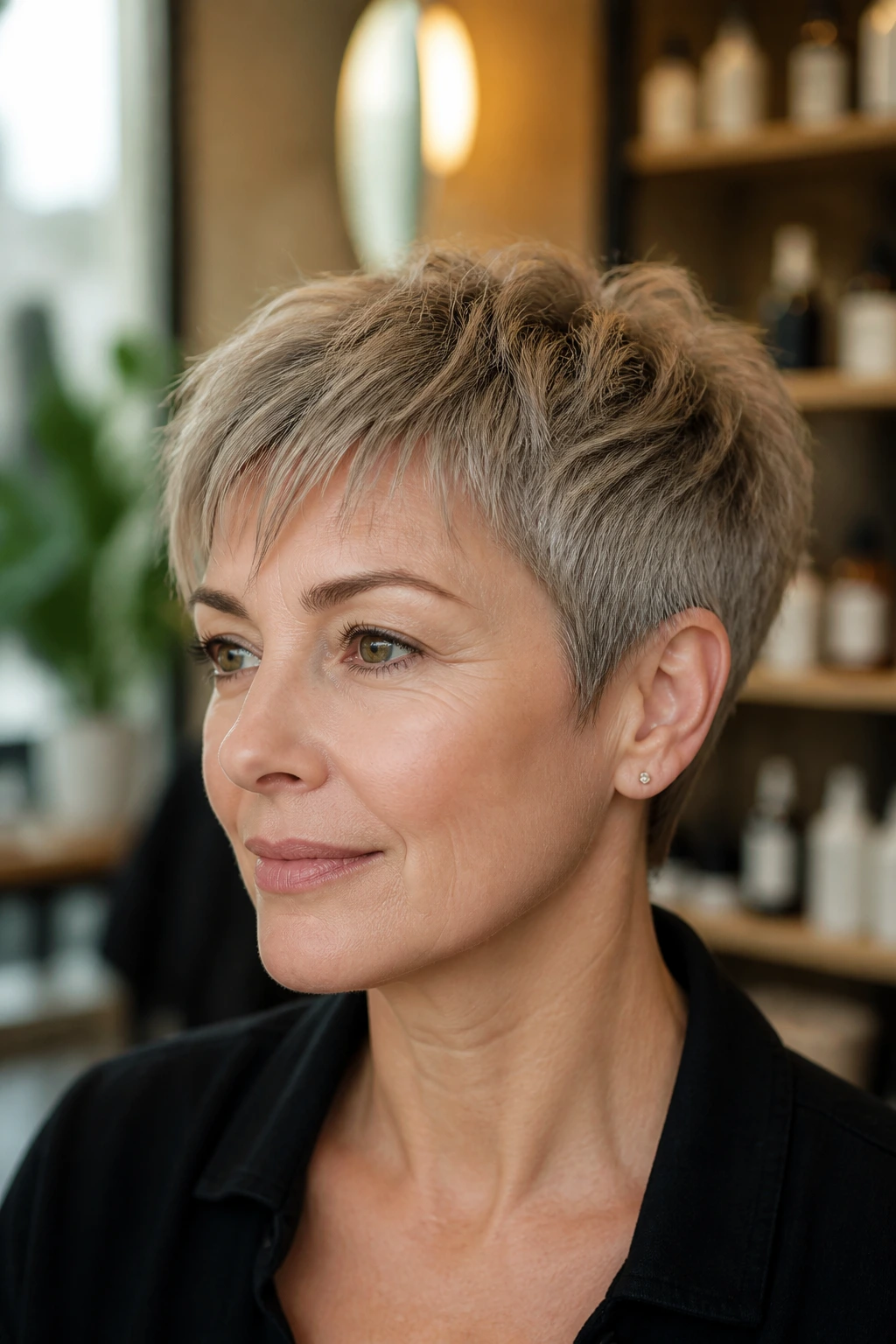 Close-up of a real woman with a razor-cut crop and soft separation in warm salon light