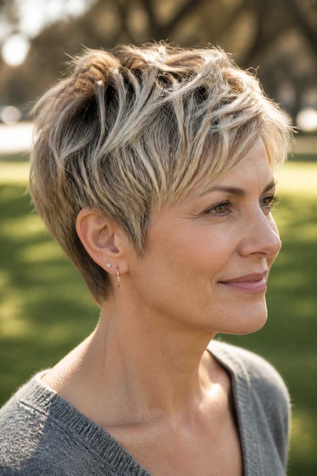 Close-up of a woman with a short razor-cut crop showing sandy blonde dimension and dark roots