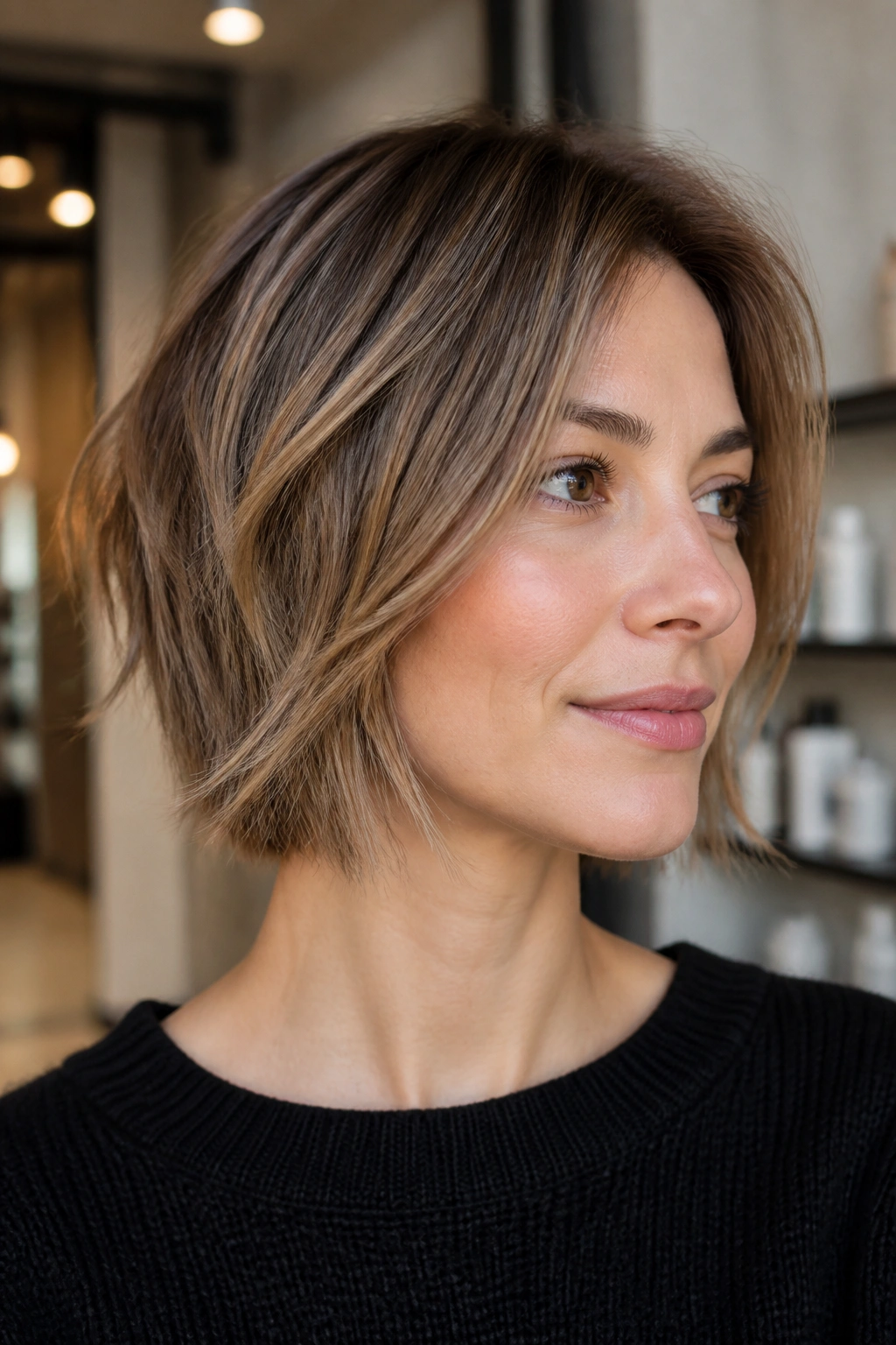 Portrait of a real woman with a razor-cut bob and piecey ends in a salon setting