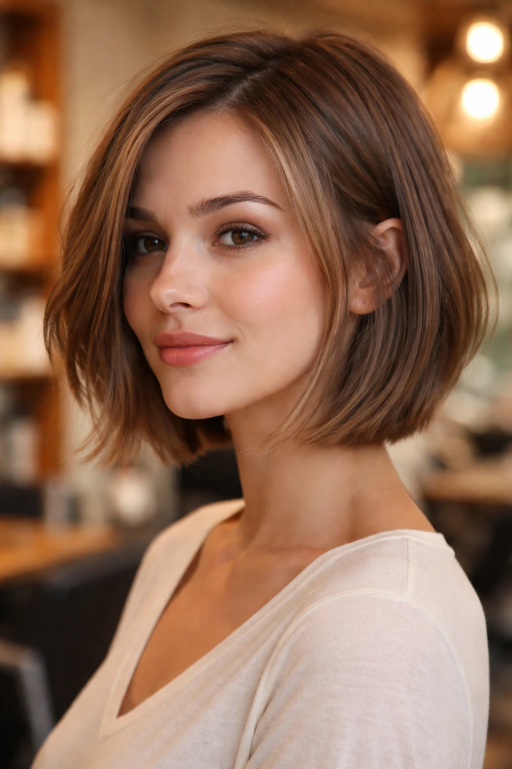 Close-up of real woman with razor-cut ends in a bob, frayed tips at the jawline.