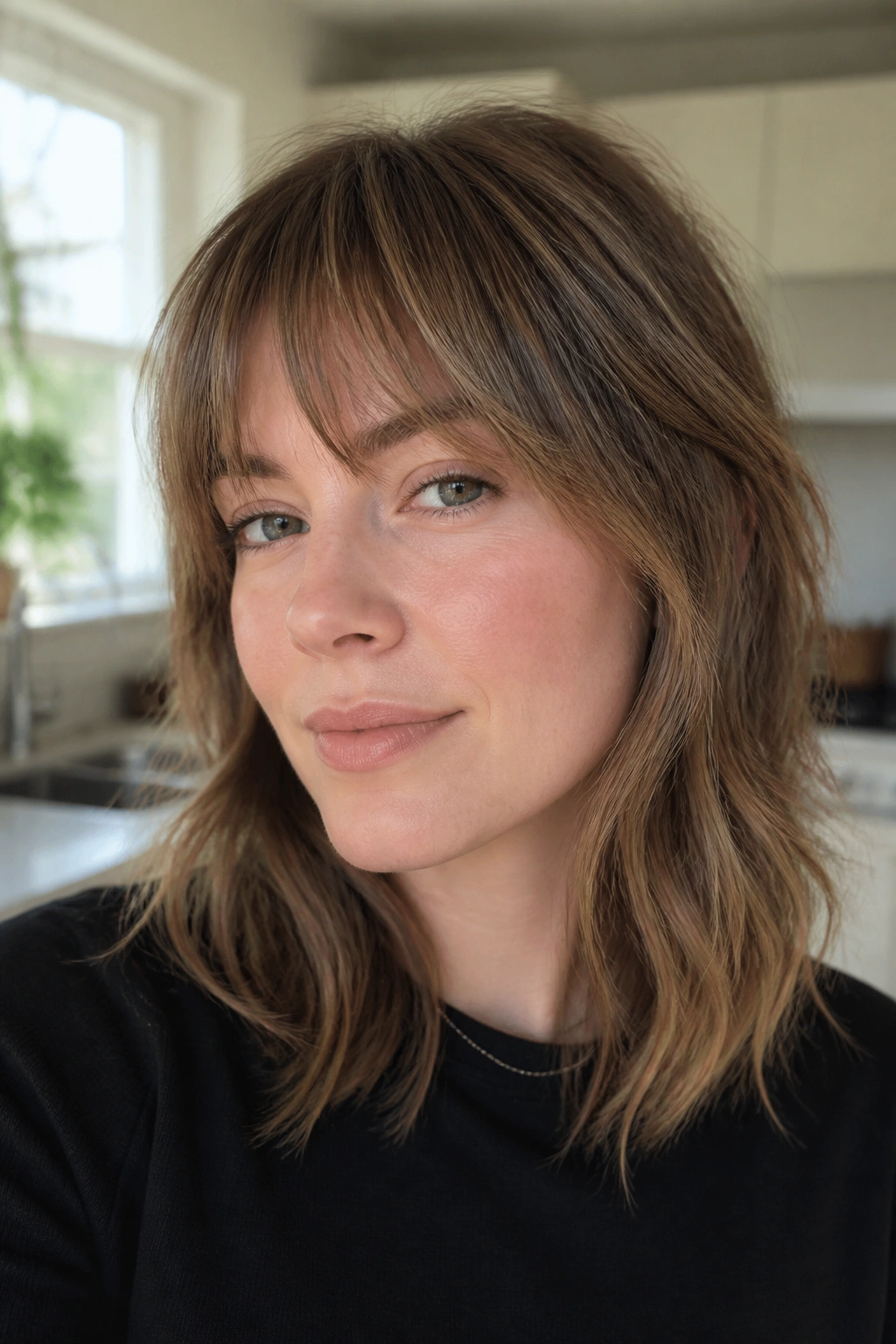 Close-up portrait of a real woman with fine hair and razor-cut feathered bangs