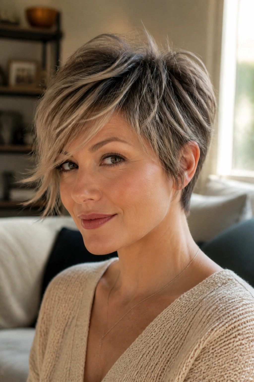 Close-up of a real woman's razor-cut feathered crop hairstyle in soft window light.