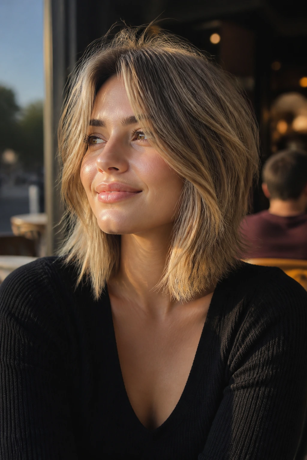 Portrait of a real woman with razor-cut lob and feathered front in cafe light