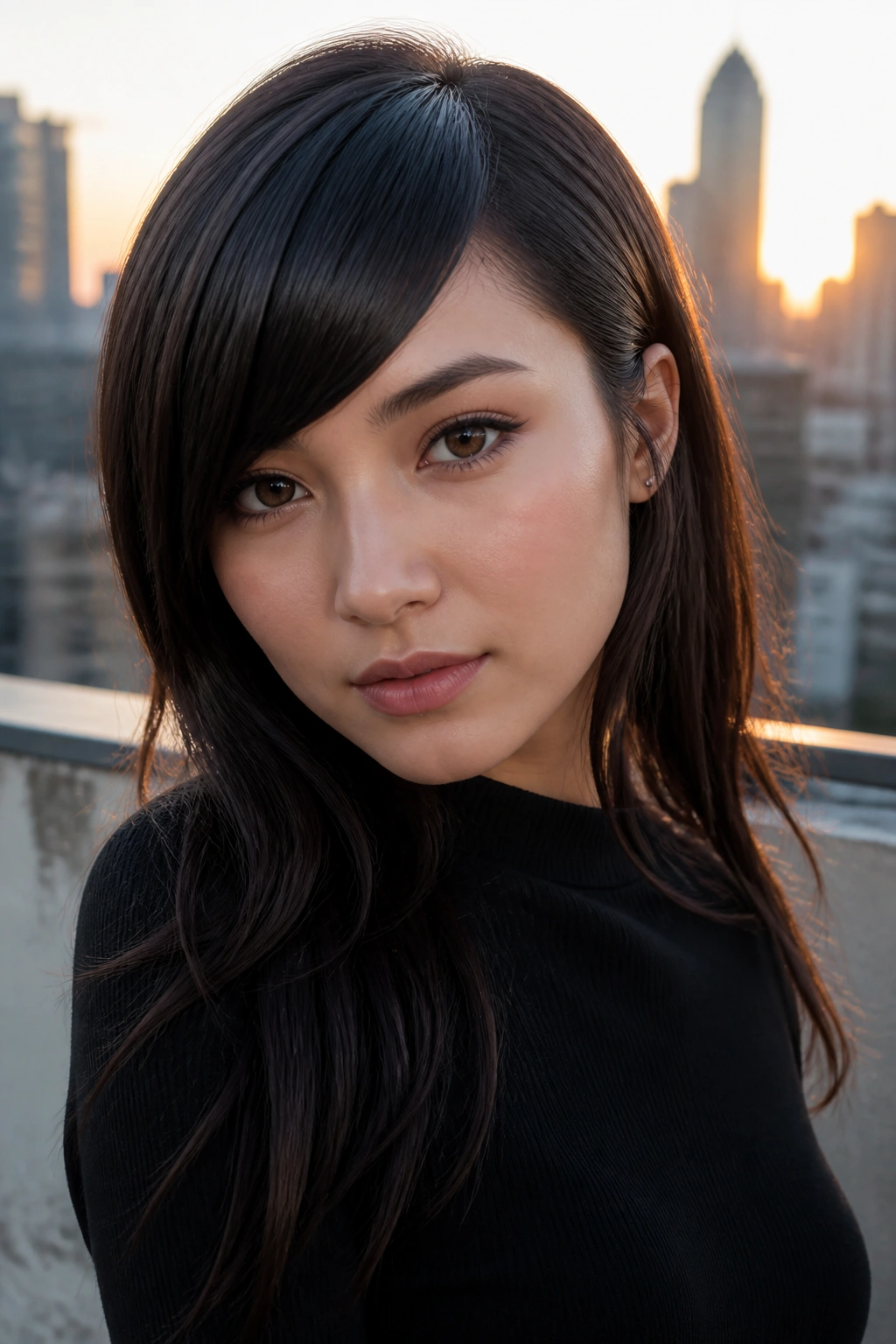 Close-up of a real woman with razor-cut side fringe for a sharp finish.