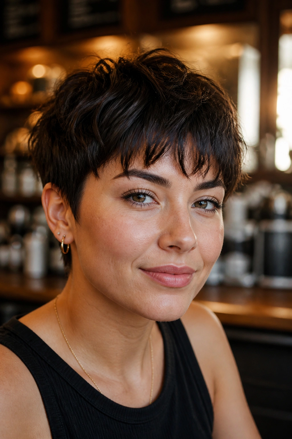 Close-up portrait of a real woman with a razor cut crop and piecey fringe