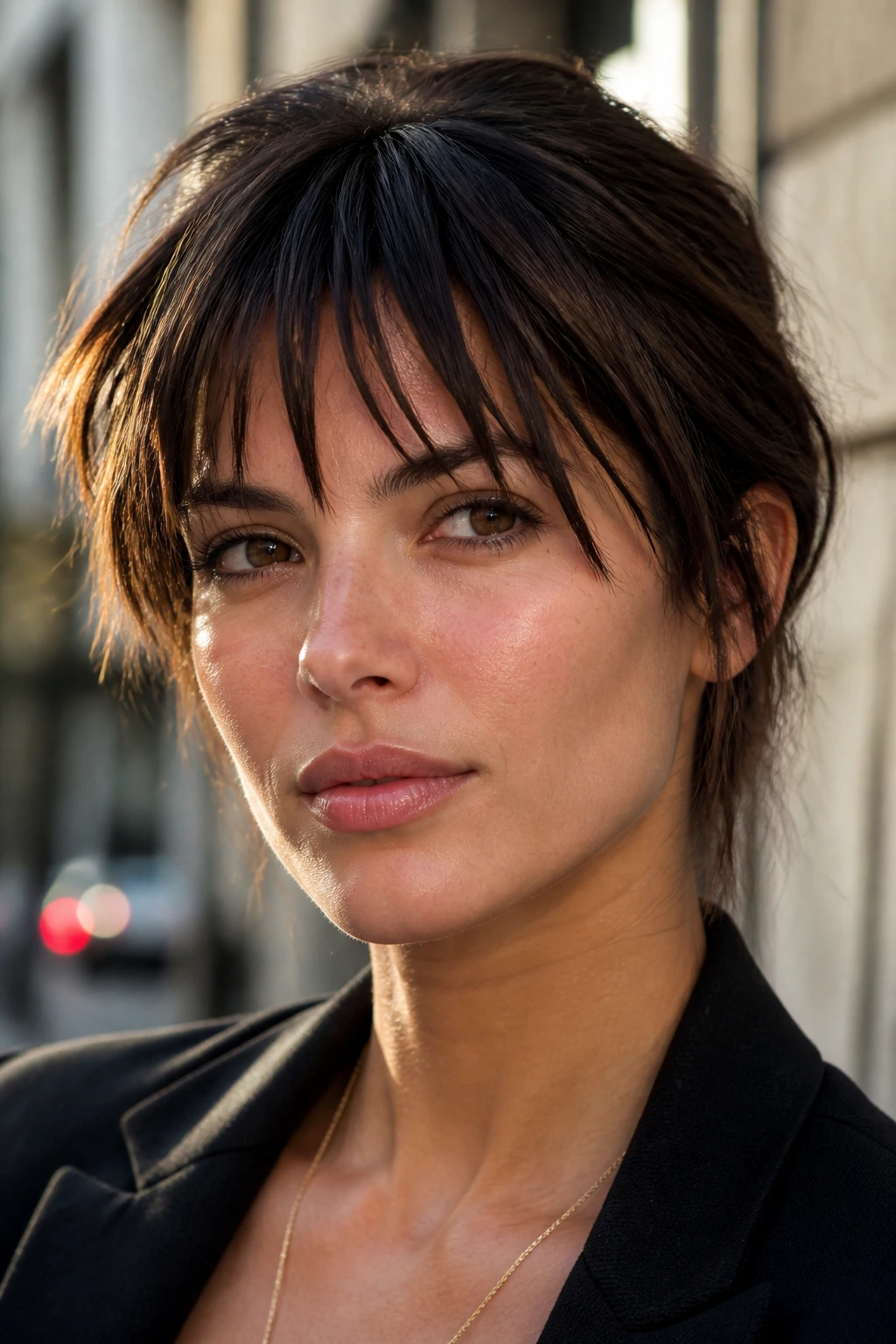 Close-up portrait of a real woman with razor-cut piecey fringe.
