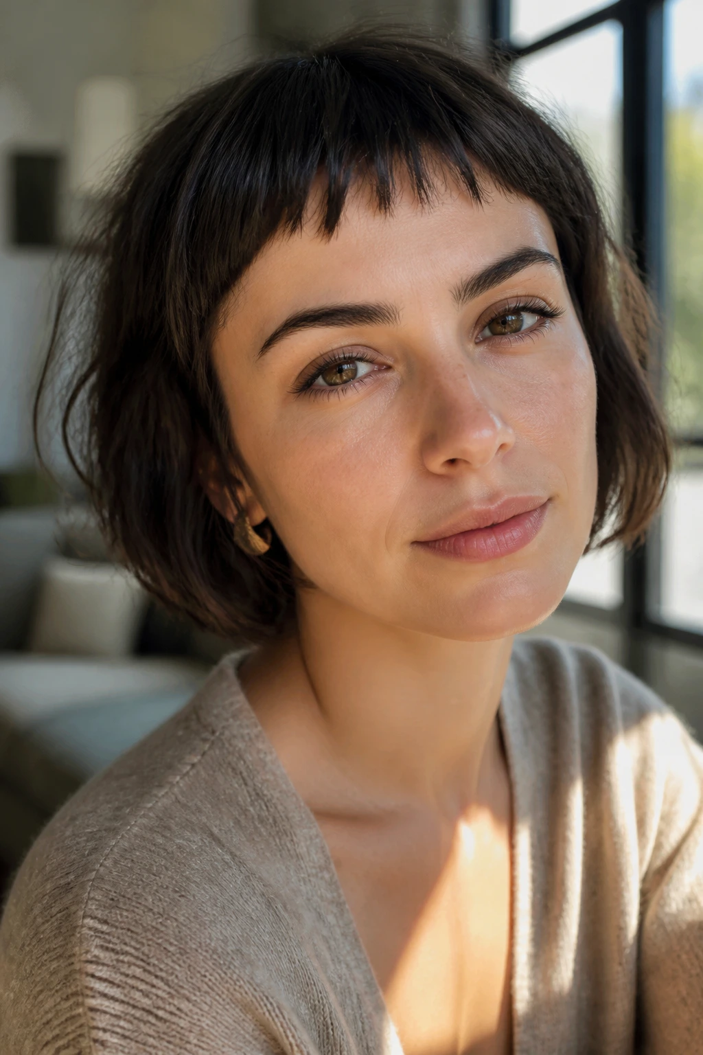 Close-up portrait of a real woman with razor-cut micro fringe and soft corners in a sunlit living room