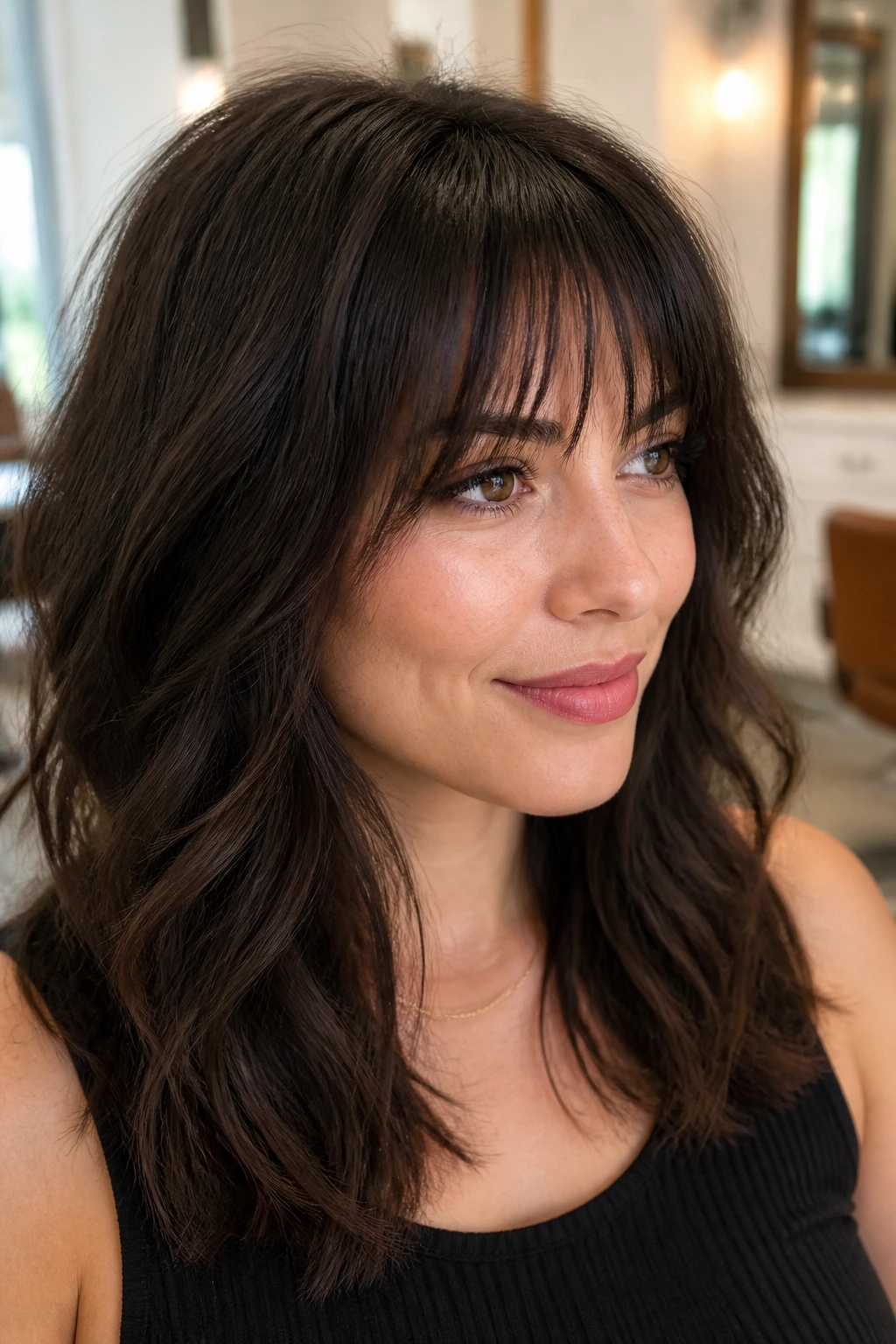 Close-up of real woman with razor-cut fringe on thick hair