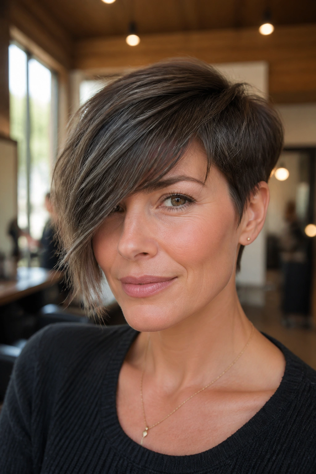 Close-up portrait of a real woman with a razor-cut side-swept crop, airy edge and long front sweeping one eye.