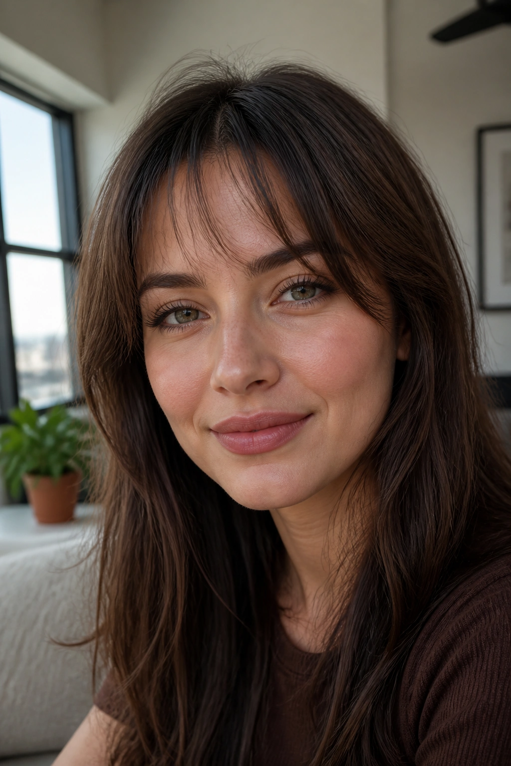 Close-up of a real woman with razor-cut half bangs and soft texture
