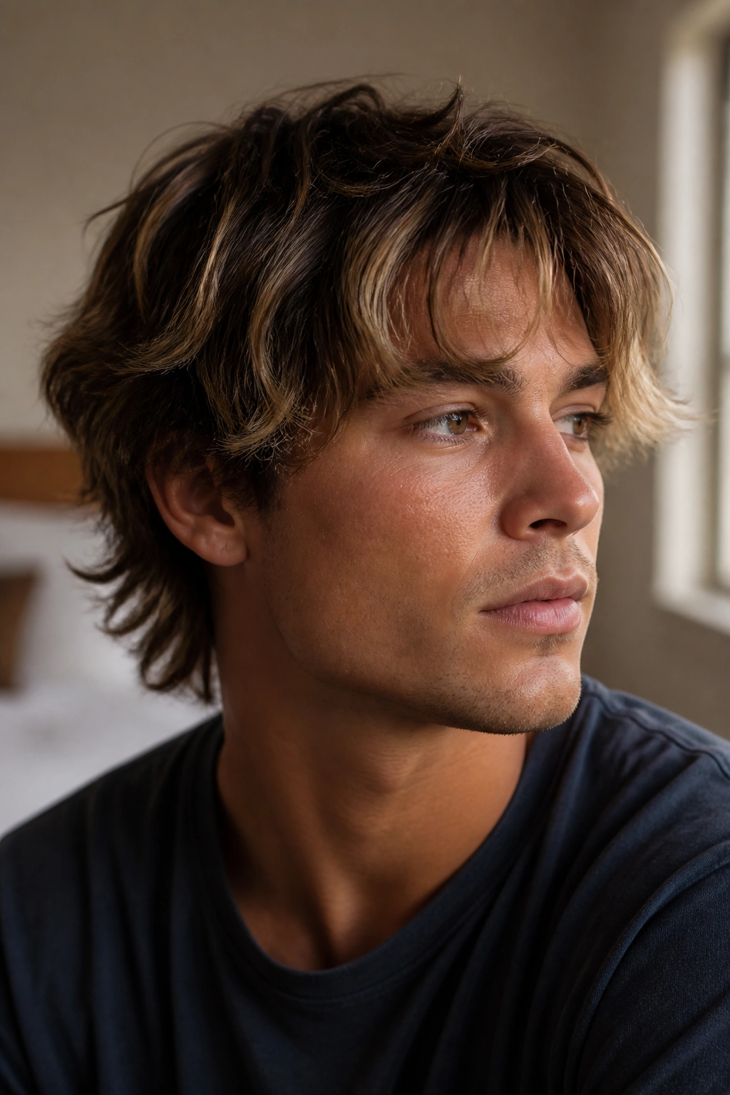 Close-up portrait of a real man with razor-cut ends and lightened pieces in a textured shag haircut