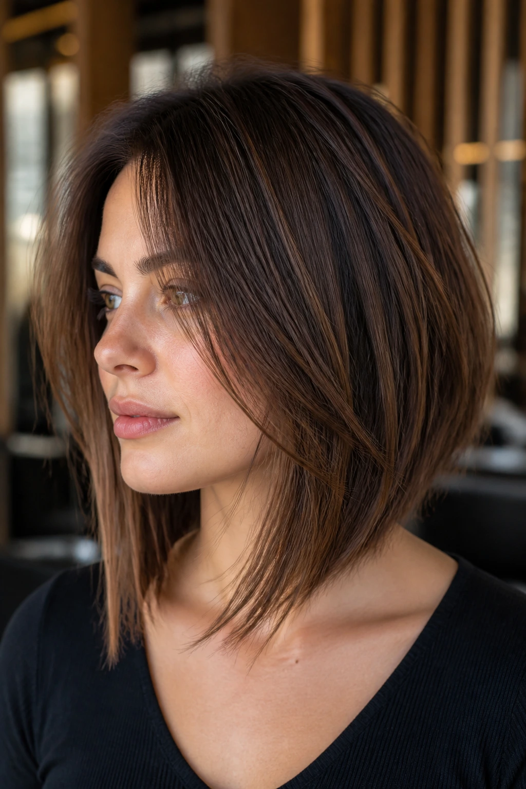 Portrait of real woman with razor cut inverted bob and airy ends in warm salon lighting