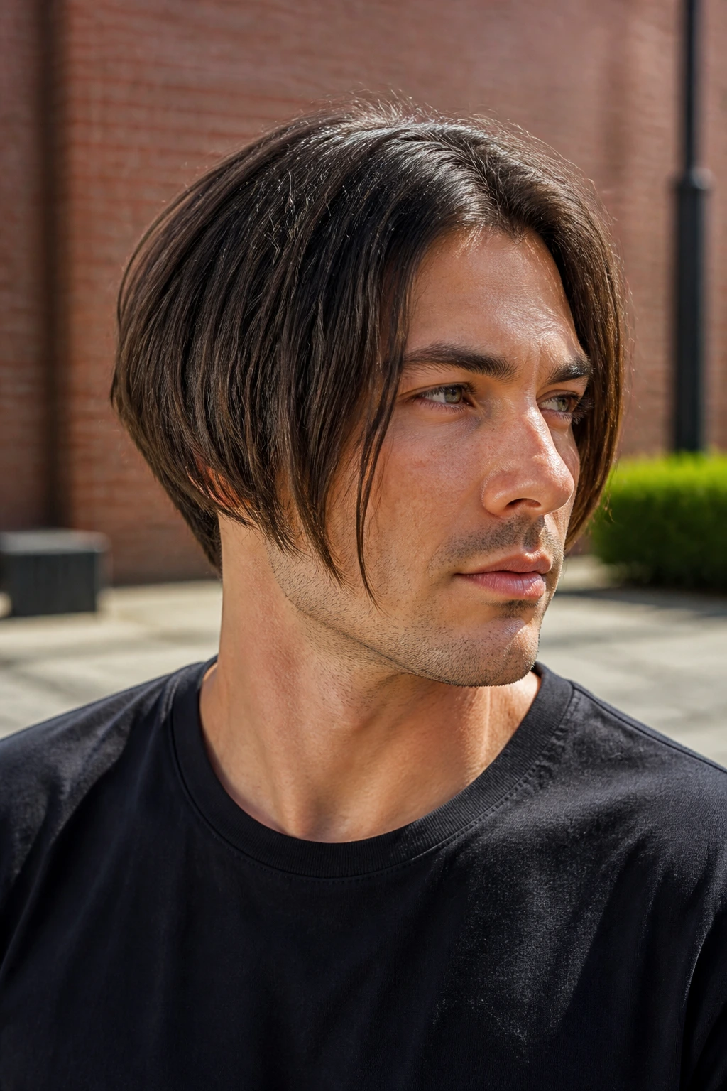 Close-up of a man with Razor-Cut Inverted Bob Haircut for Men showing wispy ends and texture