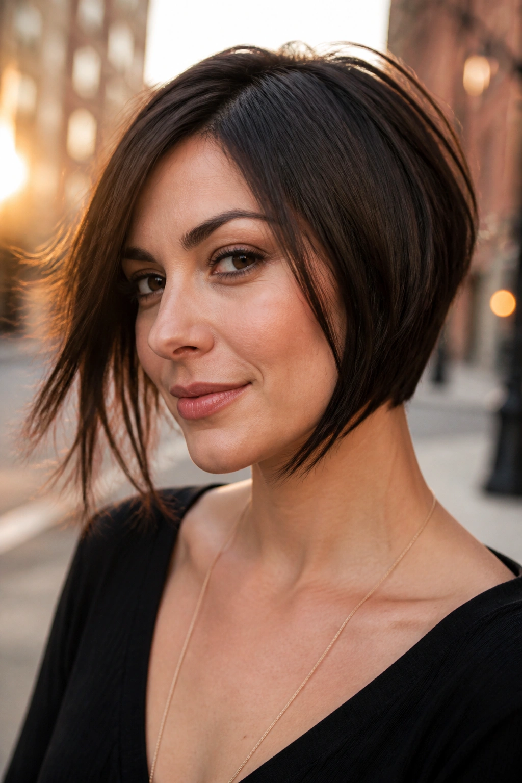Portrait of a real woman with razor-cut inverted bob and soft movement.