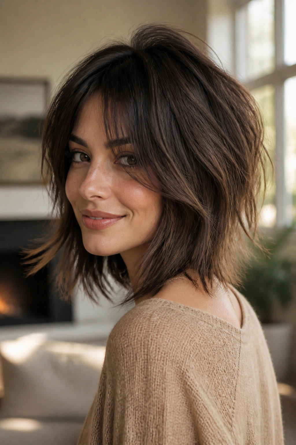 Close-up portrait of a woman with a razor-cut inverted shag bob and textured layers