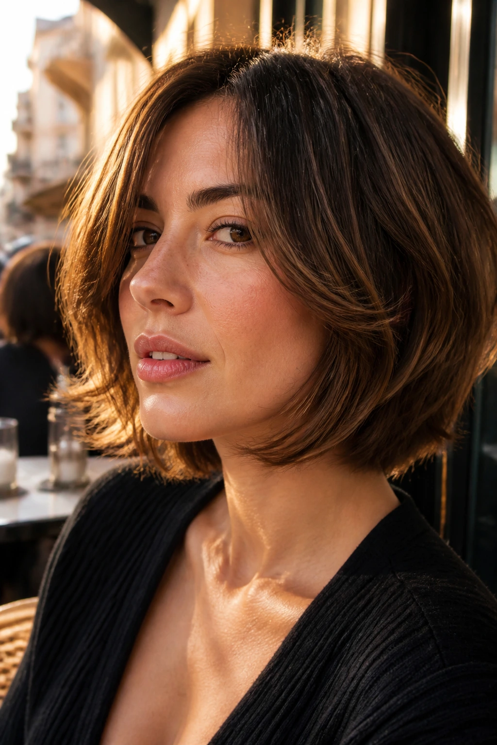 Close-up of real woman with razor-cut jawline layers.