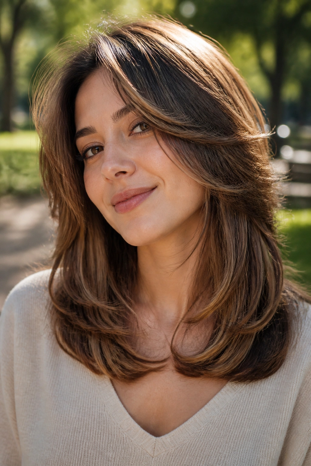 Real person with razor-cut layers creating airy swing in mid-length hair outdoors
