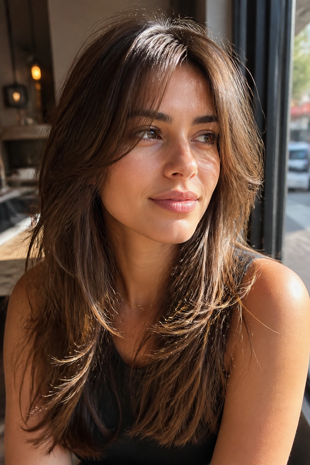 Portrait of a real woman with razor-cut layers and airy ends in sunlit cafe setting