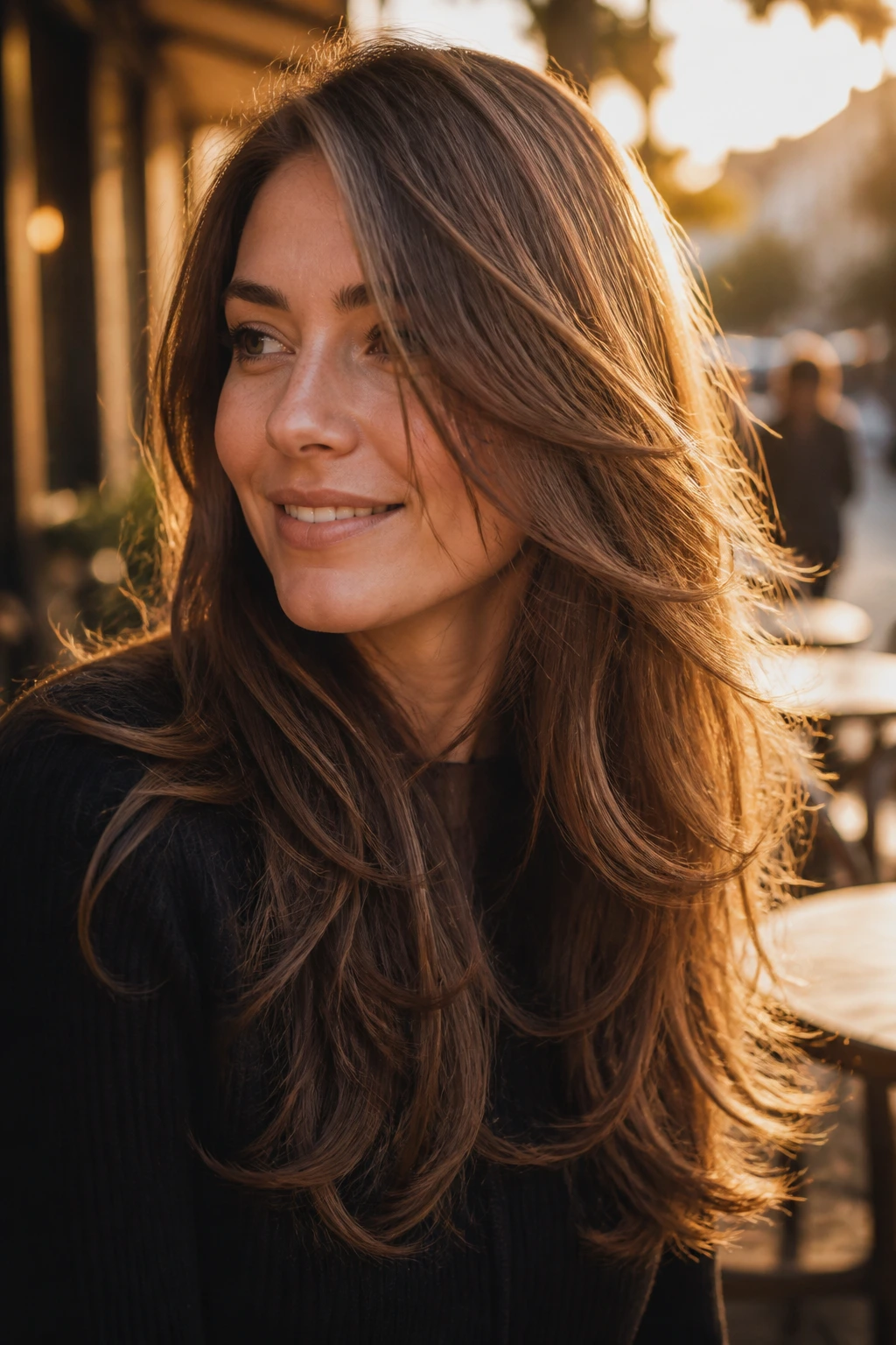 Close-up of a woman with medium-brown razor-cut layers moving in wind outdoors