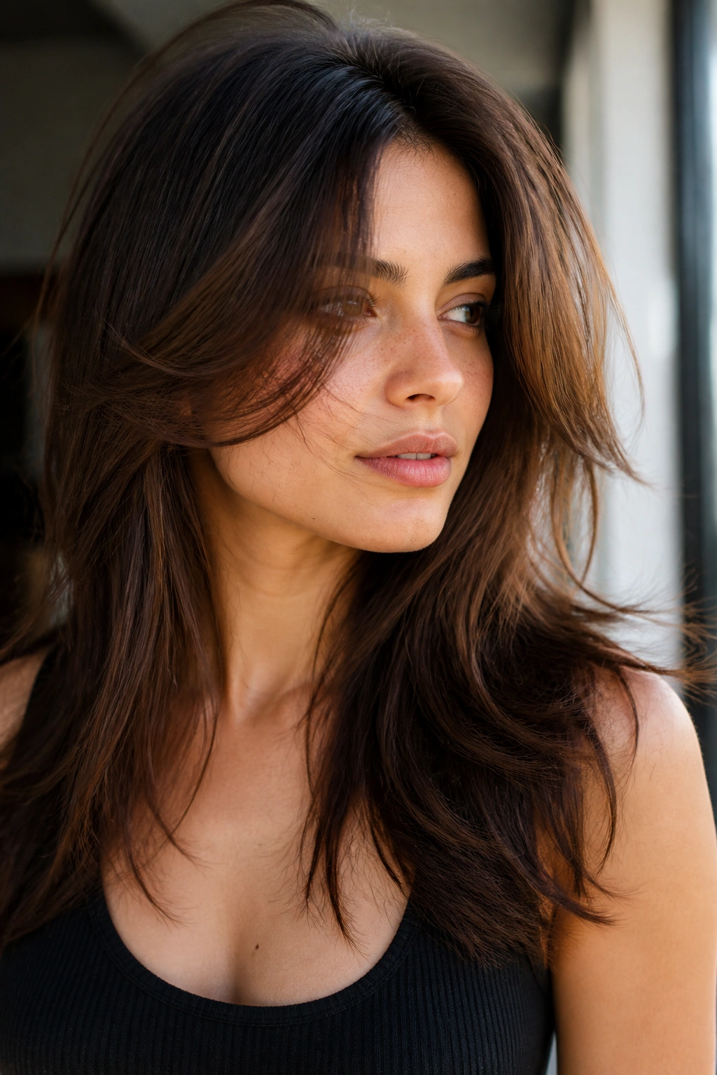 Real woman with razor-cut layers and airy movement in brunette hair.