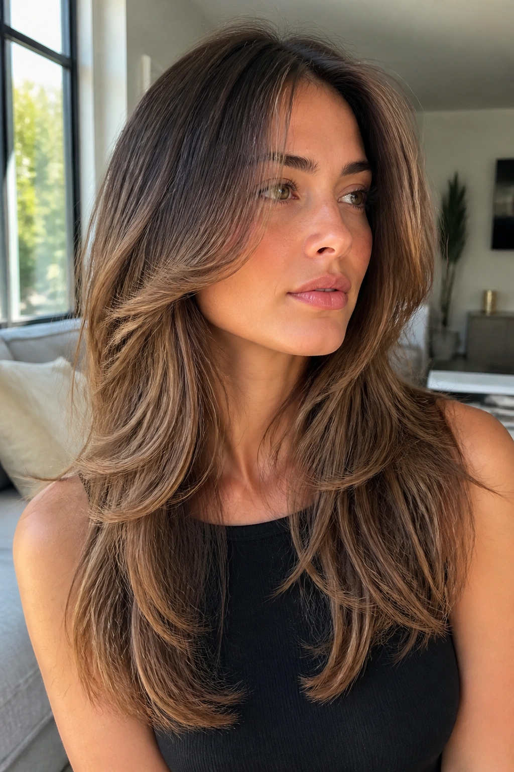 Close-up of real woman with razor-cut layers and feathered ends, soft indoor light