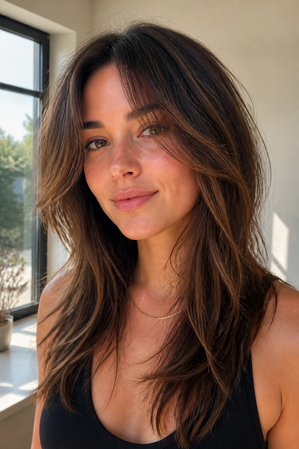Real woman with razor-cut layers and piecey texture around cheeks