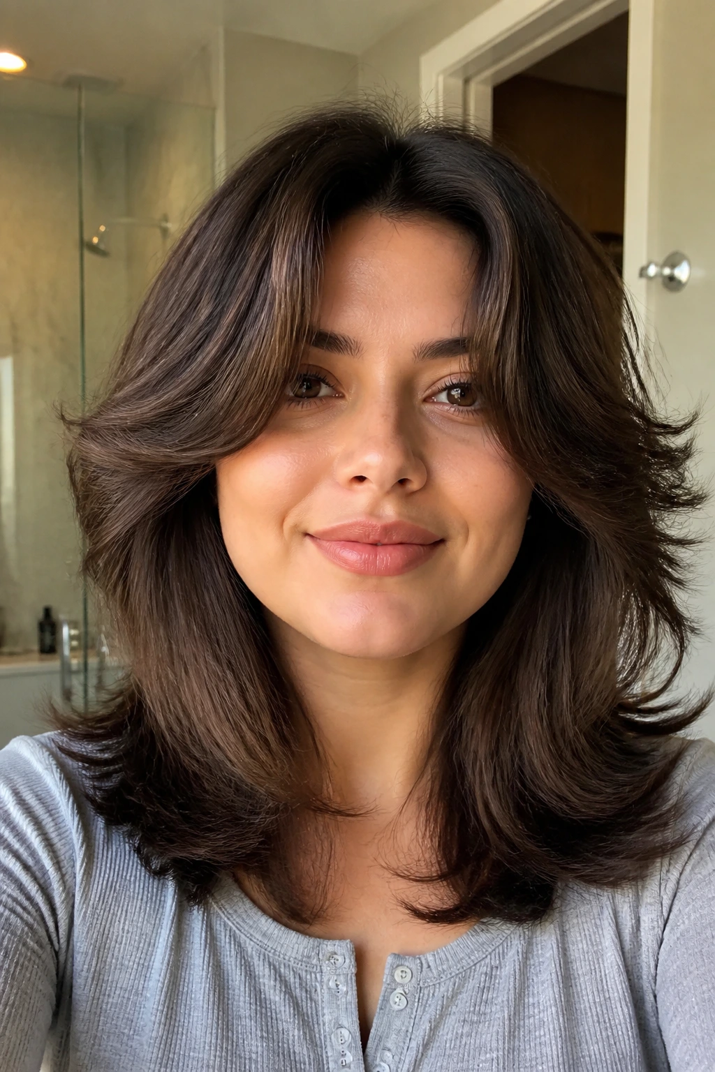 Close-up of a real person with razor-cut layers in thick hair