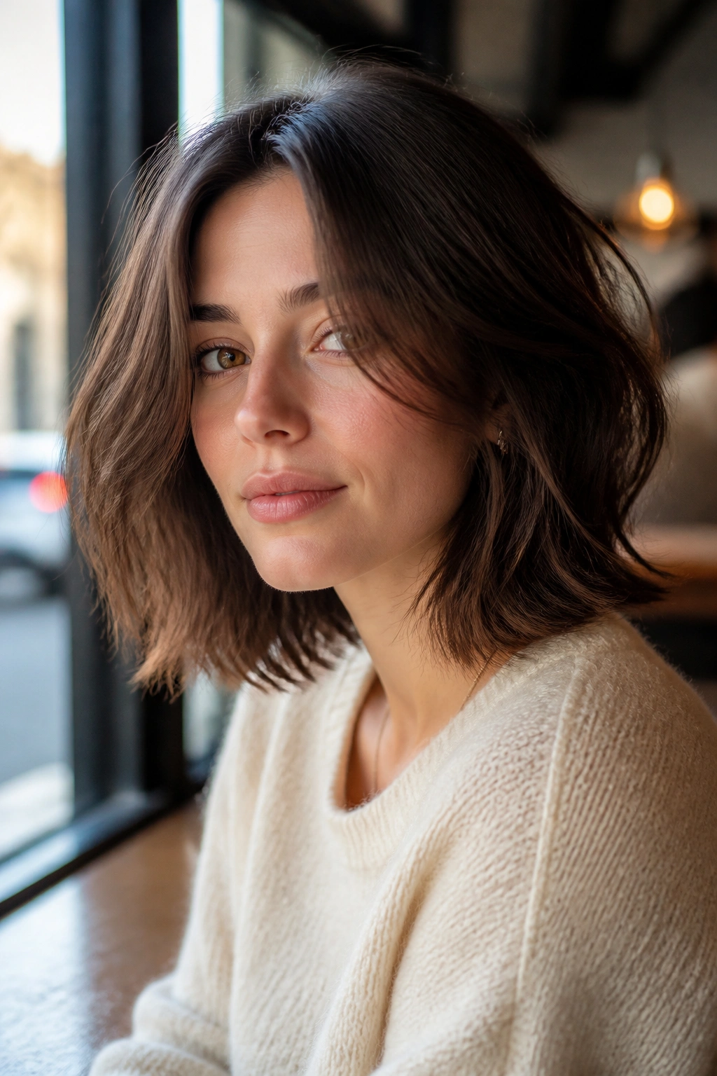 Portrait of a woman with a shoulder-length razor-cut lob showing texture