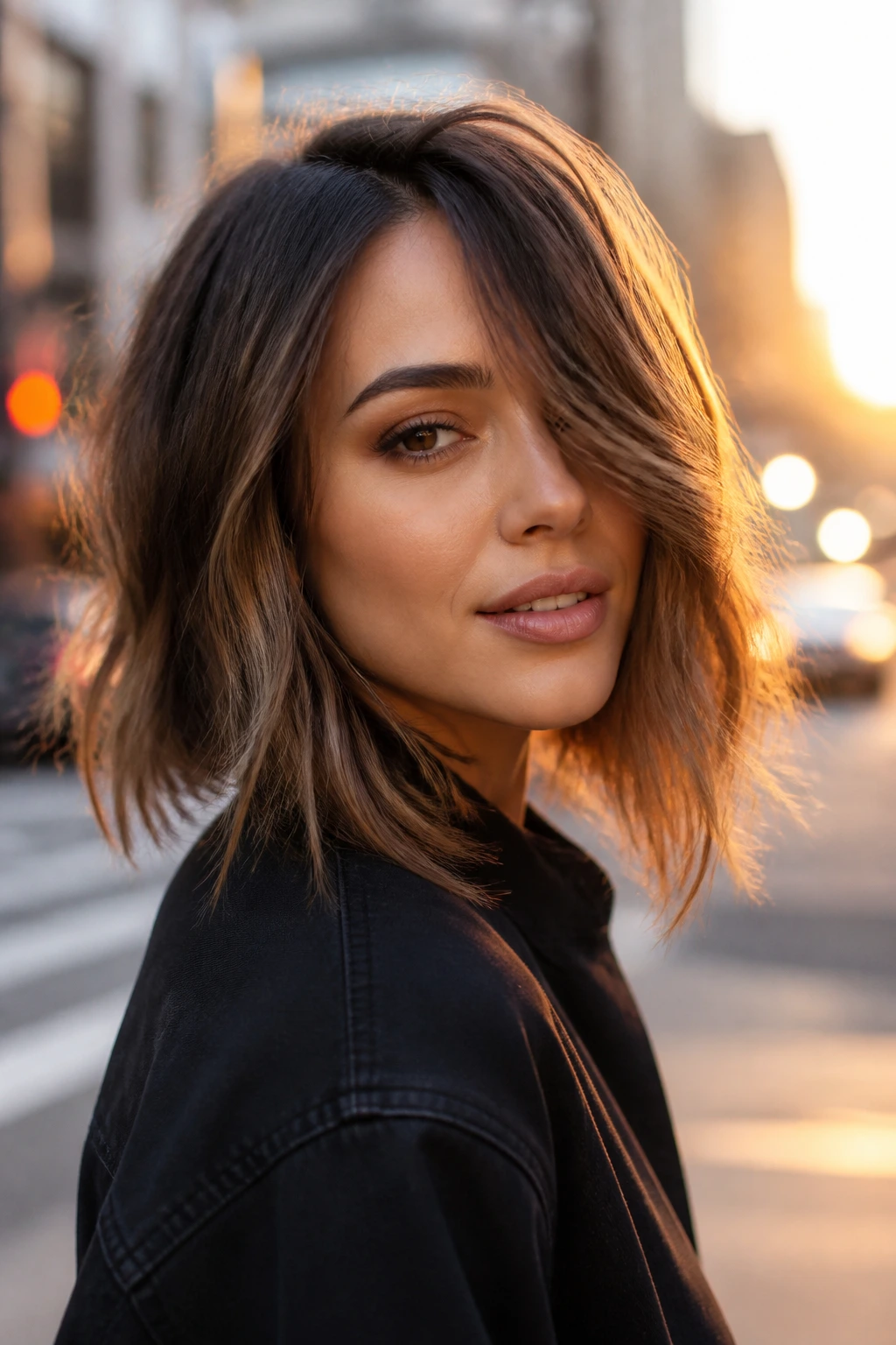 Real woman with razor-cut lob and long side sweep