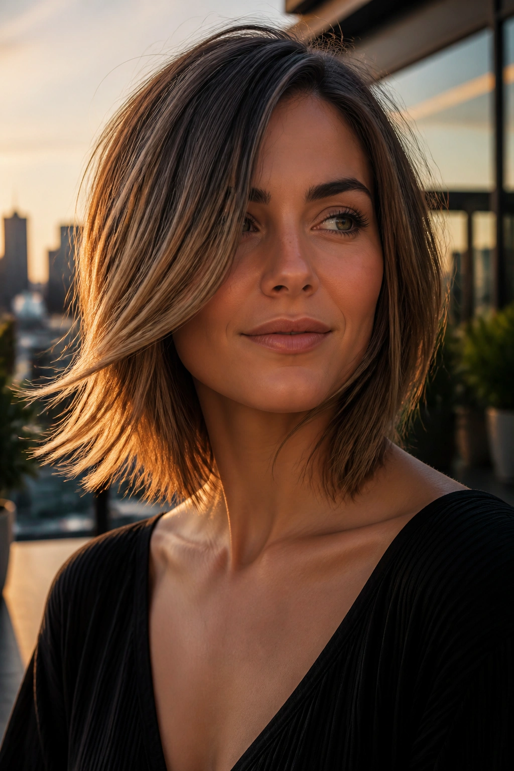 Real woman with razor-cut lob and airy ends in rooftop golden hour light